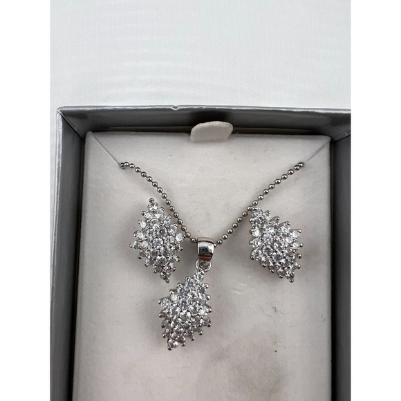 Rhodium Plated Cubic Zirconia Cluster Earrings & Pendant Set - Picture 2 of 5